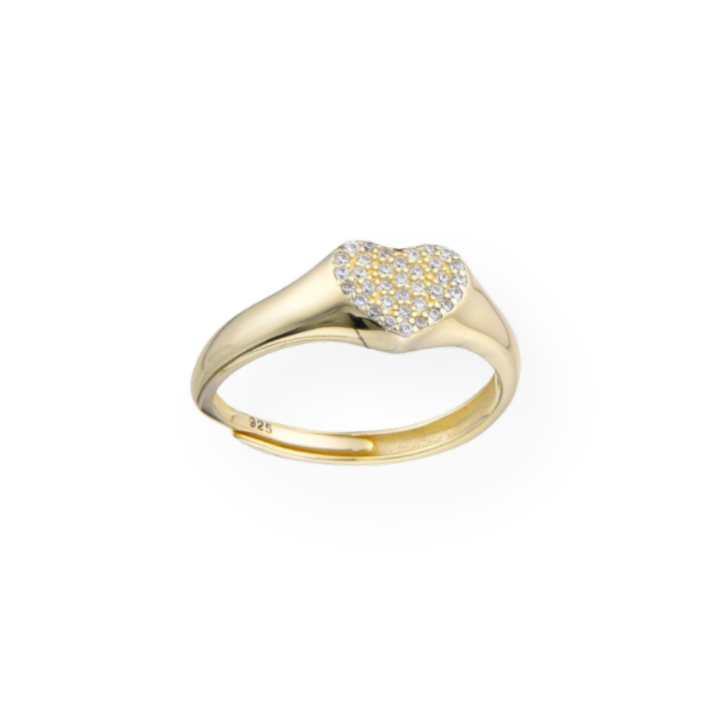 Anello a fascia dorata regolabile con cuore bombato pavé di zirconi bianchi.