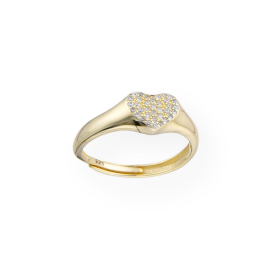 Anello a fascia dorata regolabile con cuore bombato pavé di zirconi bianchi.