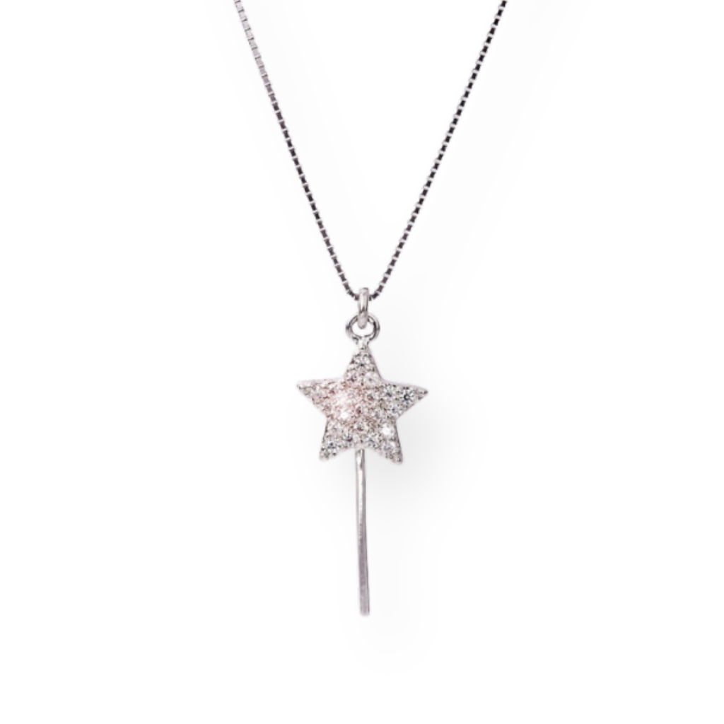 Collana con ciondolo a bacchetta magica a forma di stella, tempestata di strass.