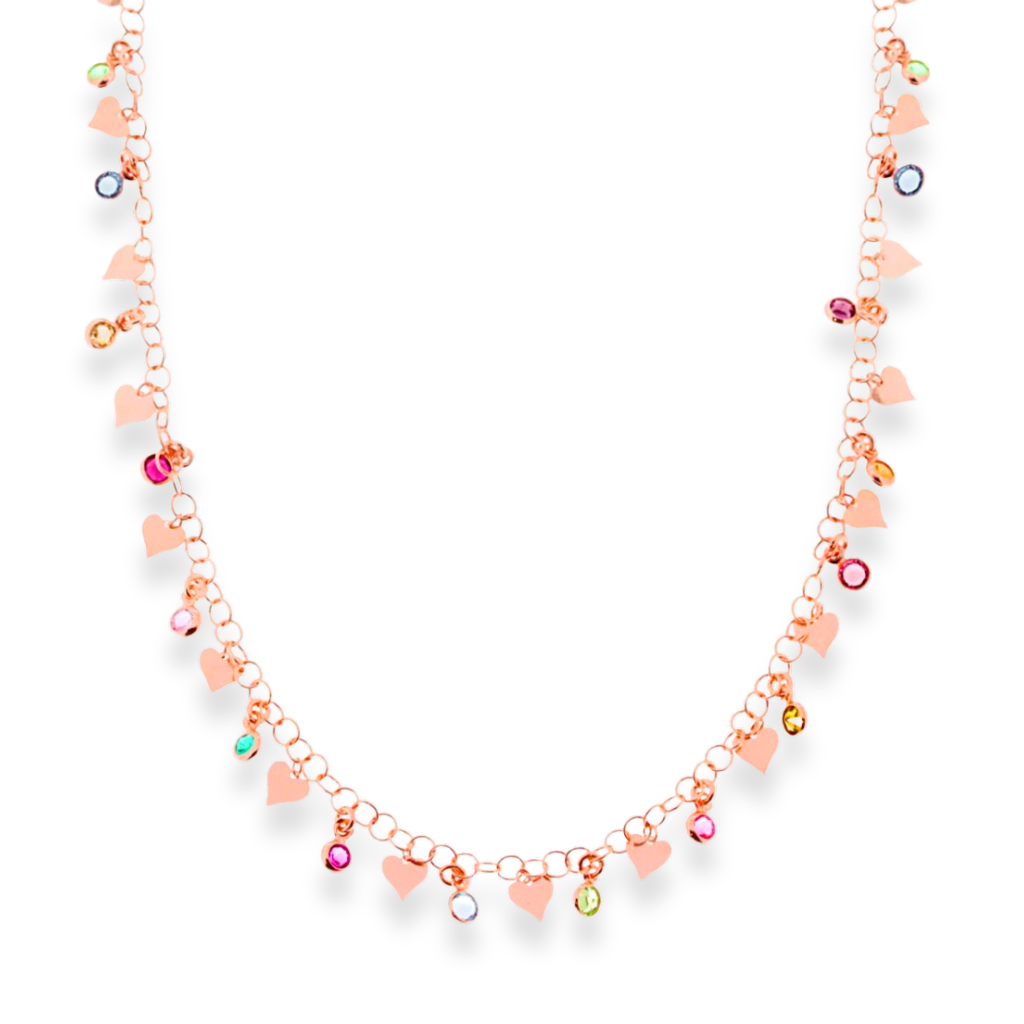 Collana in oro rosa con cuori pendenti e zirconi multicolori.