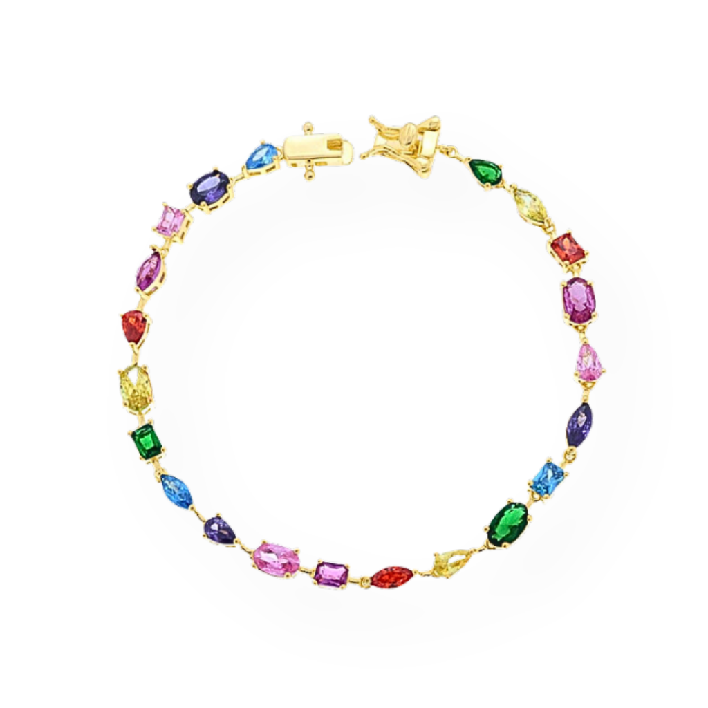 Bracciale tennis in oro con pietre preziose multicolori e taglio misto.