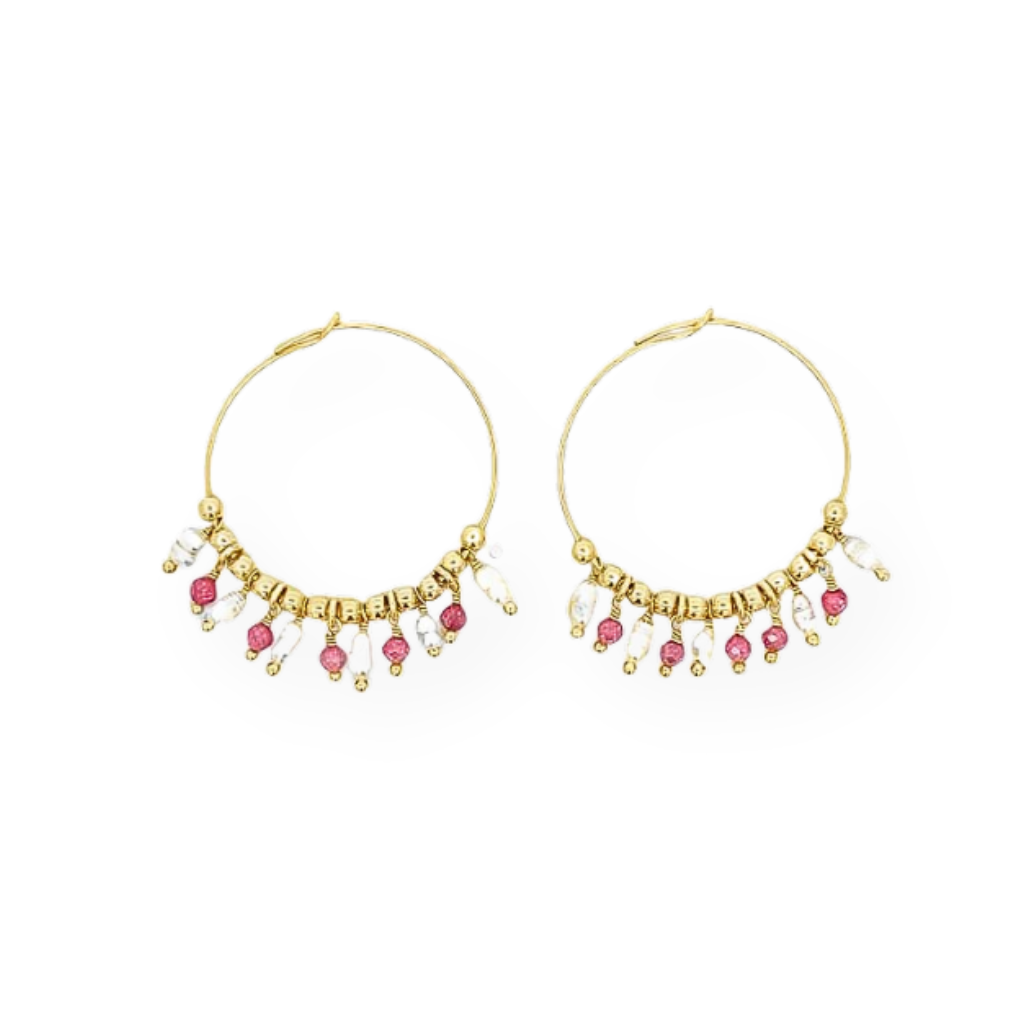Hoop earrings with pearls and colored beads, in Silver and Gold