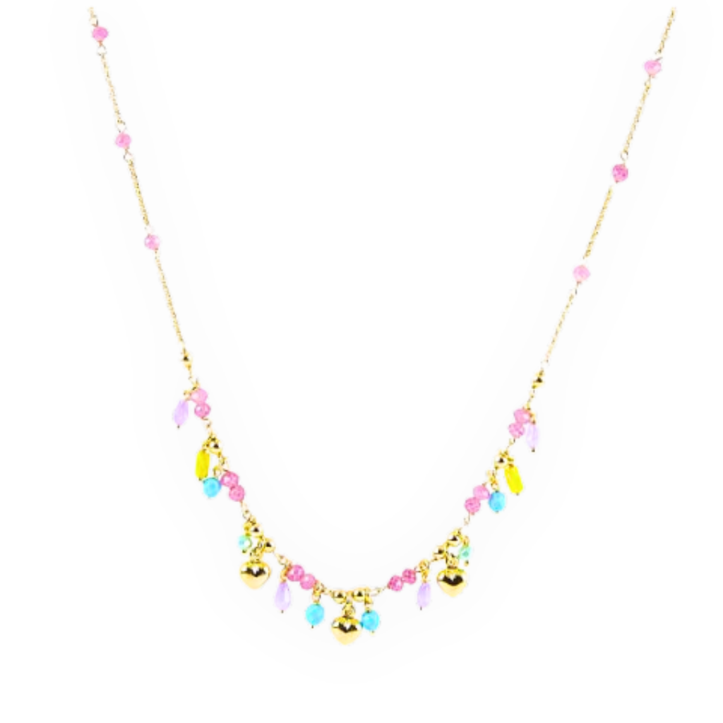 Collana d'oro con pendenti a goccia di diversi colori pastello.