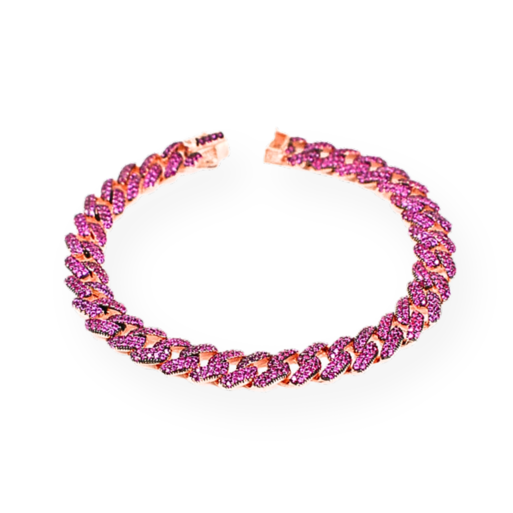 Bracciale a catena con maglie a curb in oro rosa e pavé di zirconi rosa.