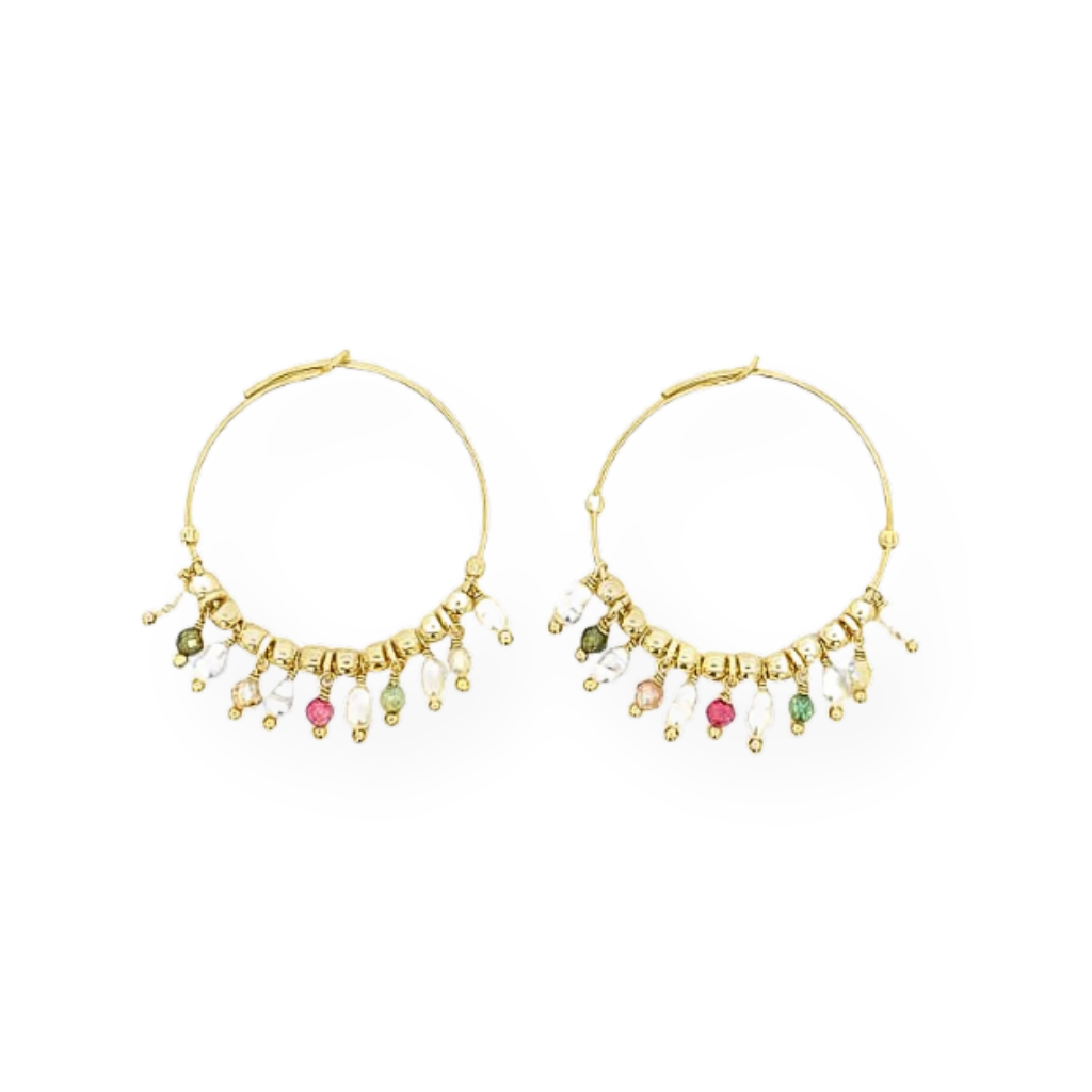 Hoop earrings with pearls and colored beads, in Silver and Gold