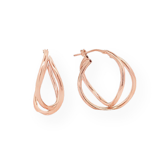 Orecchini a cerchio in oro rosa con doppio cerchio intrecciato.
