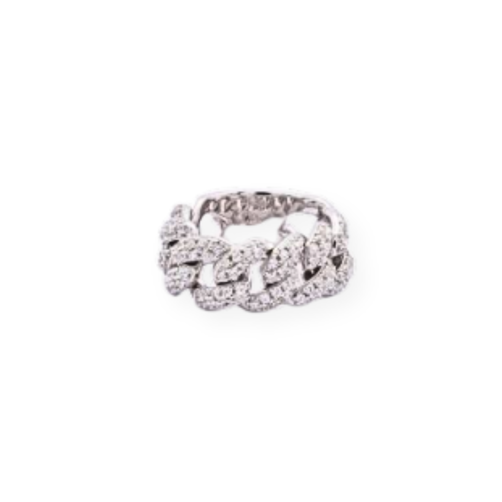 Anello in oro bianco a maglia cubana con pavé di diamanti.