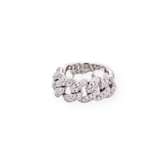 Anello in oro bianco a maglia cubana con pavé di diamanti.