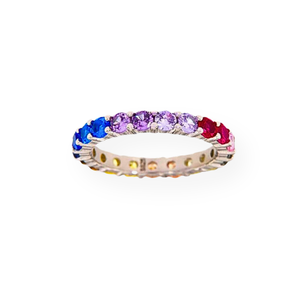 Anello eternity in argento con pietre preziose multicolori a tutto tondo.