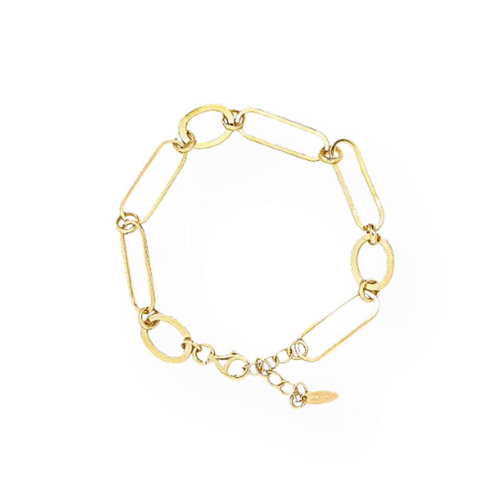Bracciale a catena d'oro con maglie ovali e allungate, chiusura a moschettone e catenella di regolazione.