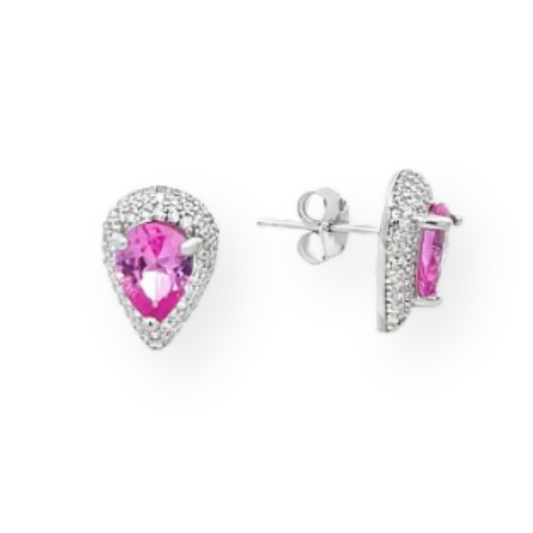 Orecchini a perno in argento a forma di goccia con zaffiro rosa circondato da diamanti.