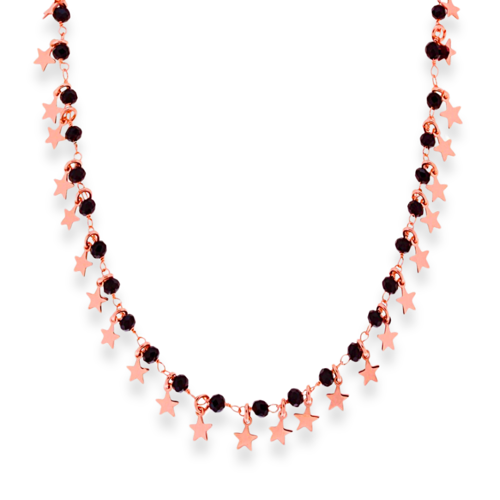 Collana in oro rosa con perle nere e ciondoli a stella.
