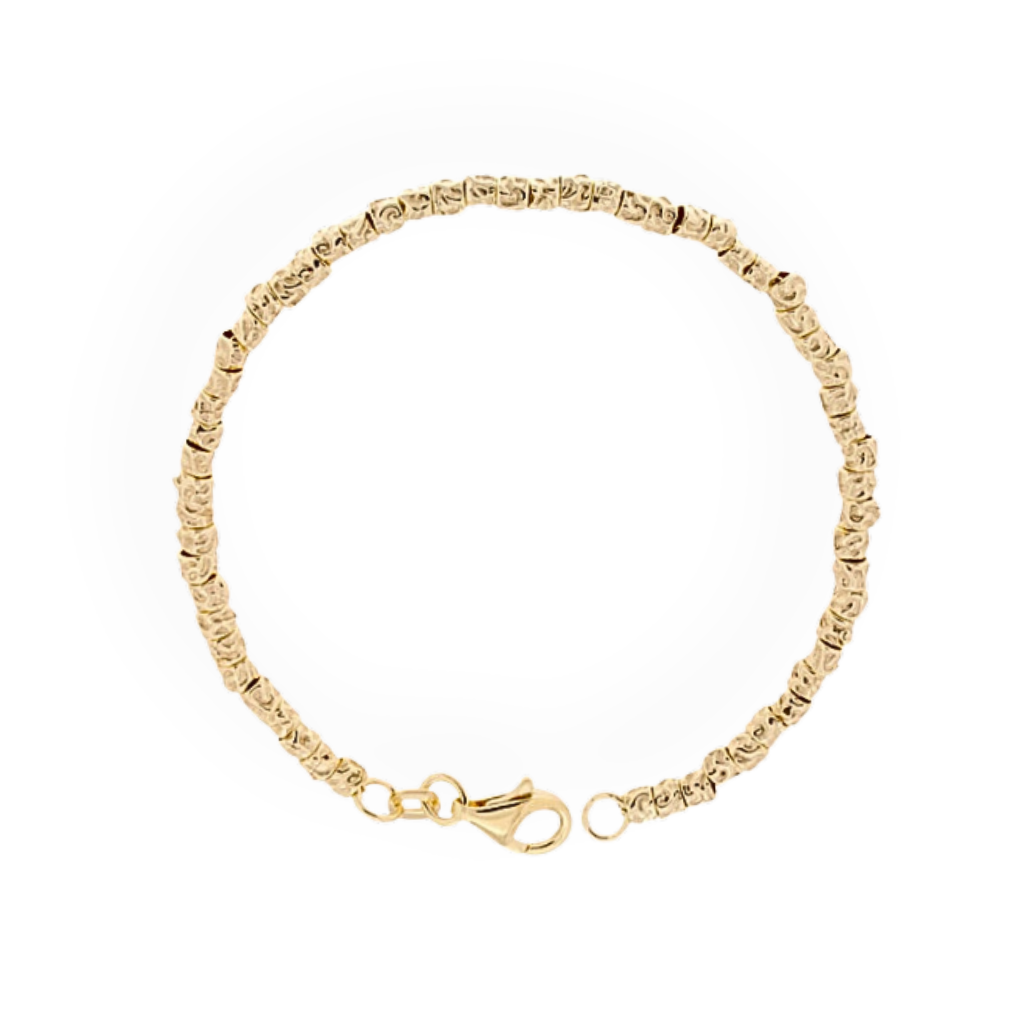 Braccialetto in oro con maglia a forma di piccole sfere e chiusura a moschettone.