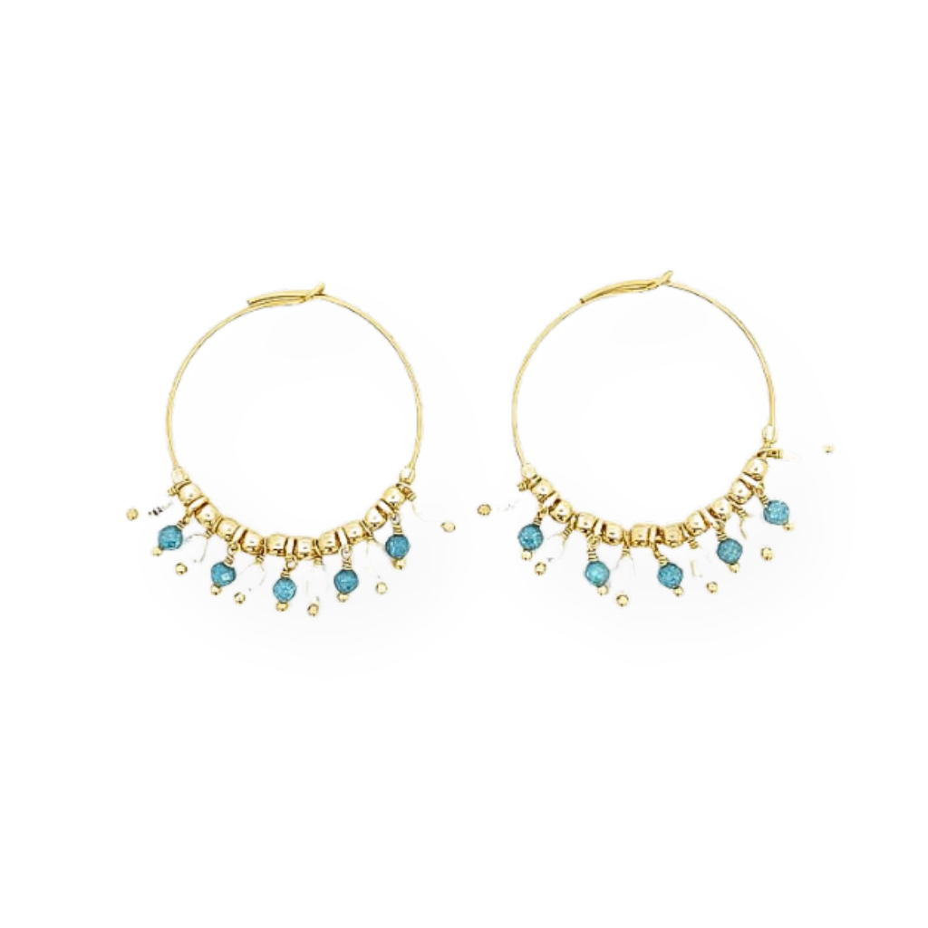 Hoop earrings with pearls and colored beads, in silver and gold