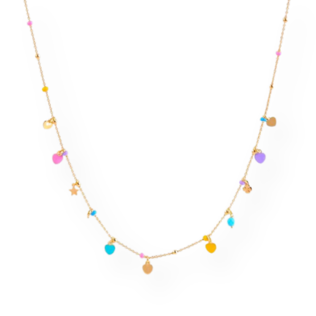 Collana d'oro con ciondoli a cuore e stelline smaltate in diversi colori pastello.
