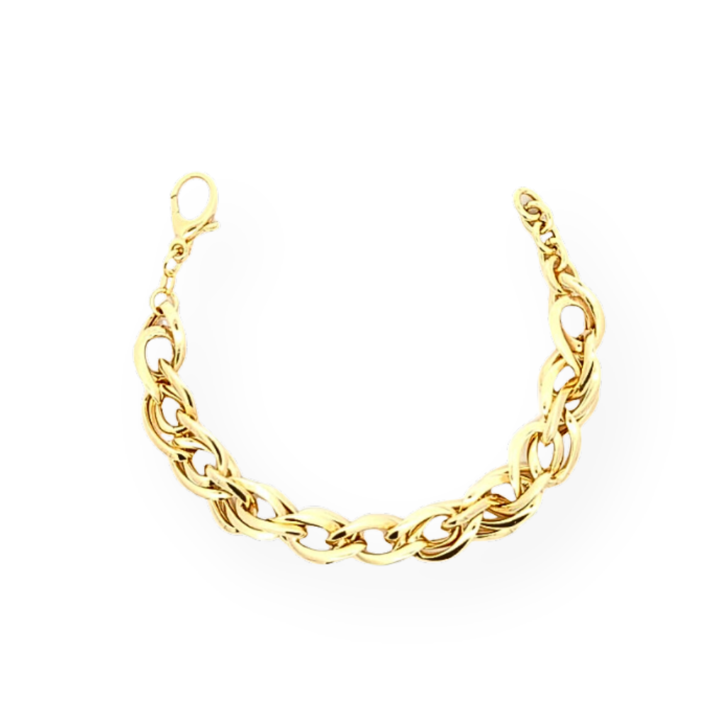 Bracciale a catena in oro, maglie grandi e chiusura a moschettone.