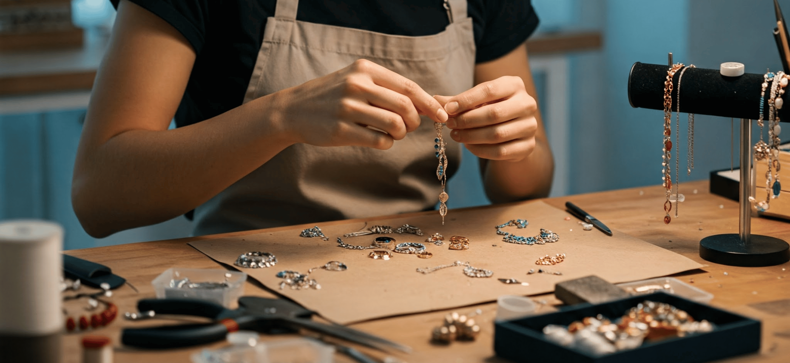 immagine di una designer donna che realizza gioielli italiani sul posto di lavoro