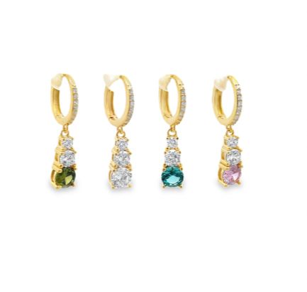 Orecchini pendenti a cerchio con cristalli bianchi e pietra colorata (verde, trasparente, azzurro, rosa).