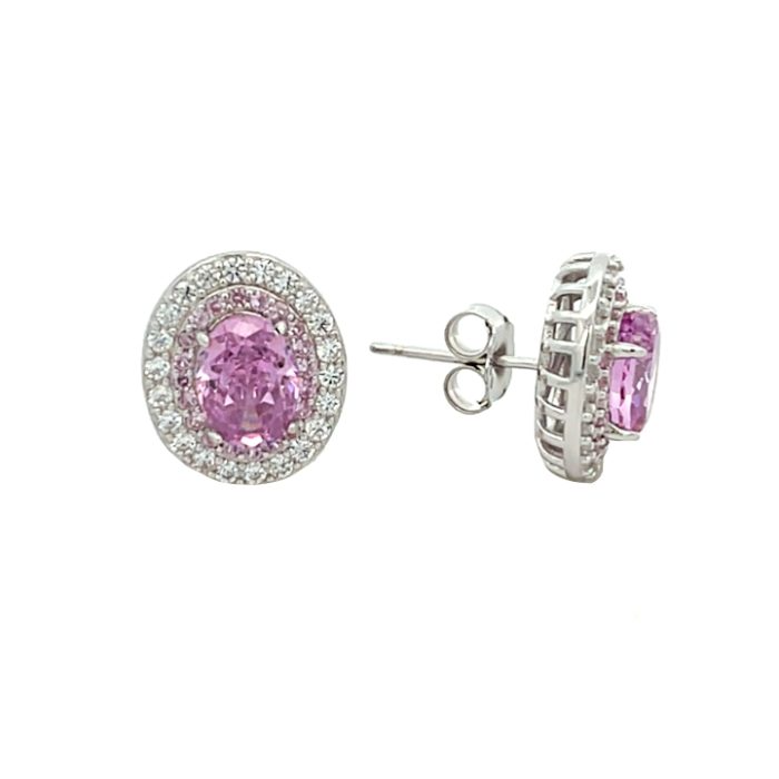 Orecchini in argento con zircone ovale rosa circondato da due file di zirconi bianchi.