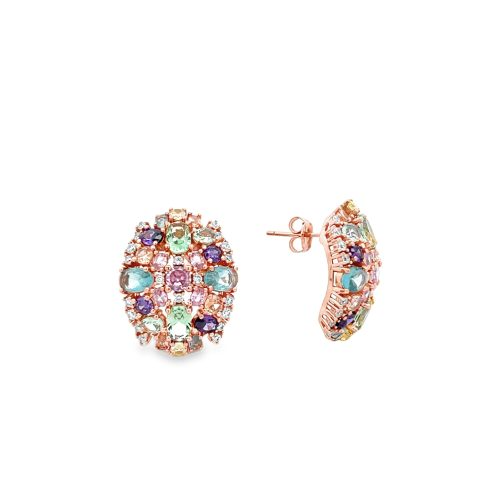 Orecchini a perno in oro rosa con pietre ovali e rotonde multicolore.