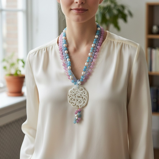 Collana ad Y Con Perle Rosa e Celeste e grande ciondolo in pasta di conghiglia