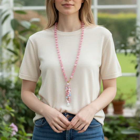 Collana Lunga con Ciondolo a Grappolo Rosa e Celeste