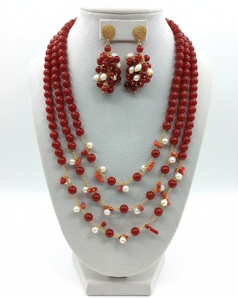 SET Collana Maxi + Orecchini con Pietre di Rubino Grezzo, Perle e Corallo rosso