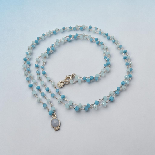 Collana Lunga Stile Rosario con Acquamarina, in Argento s925
