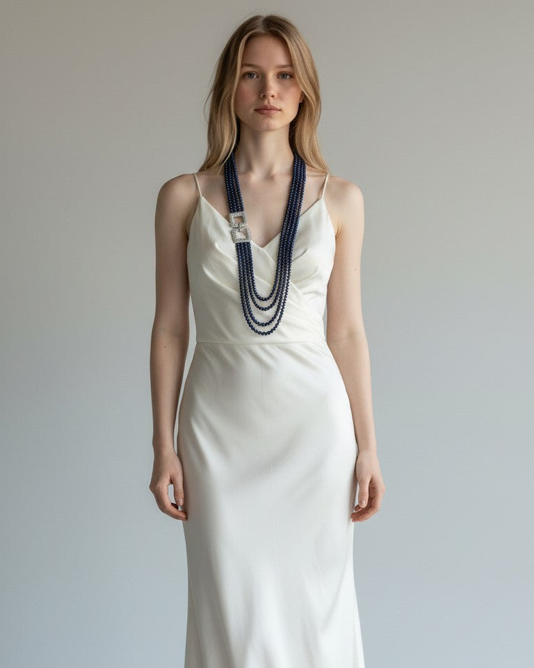 Long Necklace with Multicolor Sapphire Stones, S925 Silver and Gold