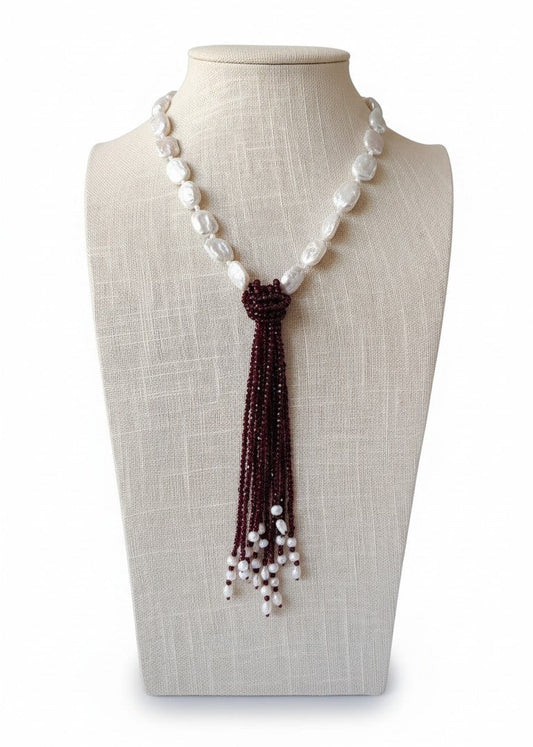 Collana Cravatta Viola Rossa e Bianca da Donna, con Perle e Pietre Naturali