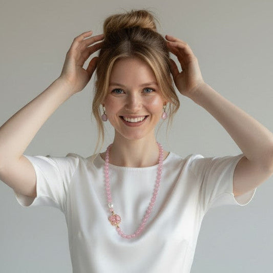 Collana Rosa in Agata con Ciondolo Prezioso + Orecchini + Anello