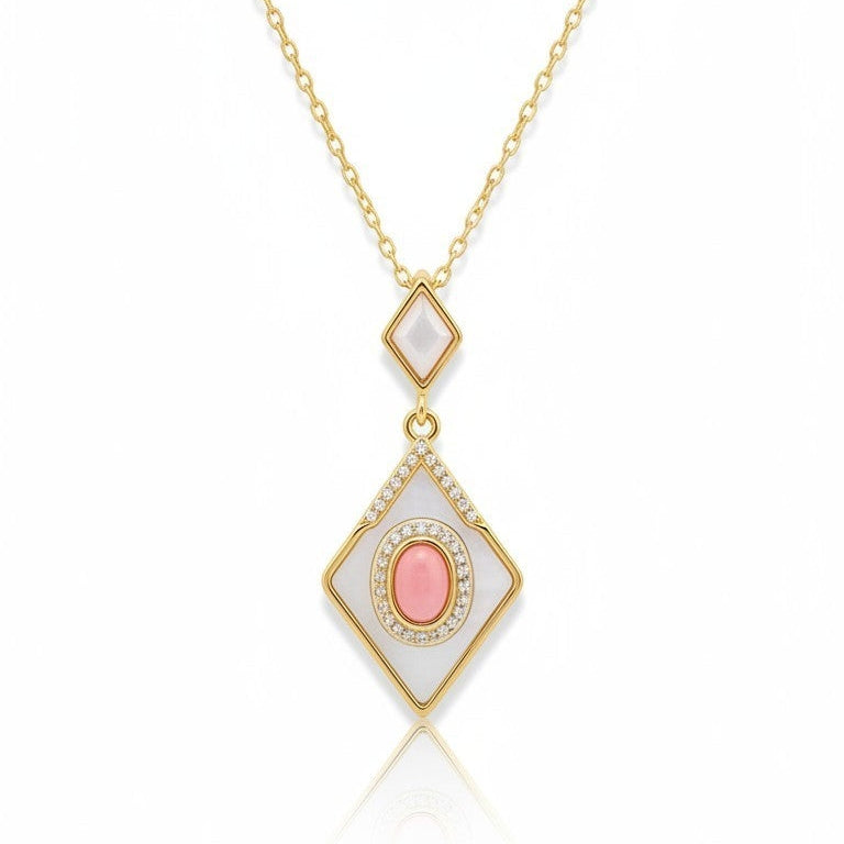 Collana Modello SIBILLA, con madreperla e quaro rosa, in ACCIAIO inox