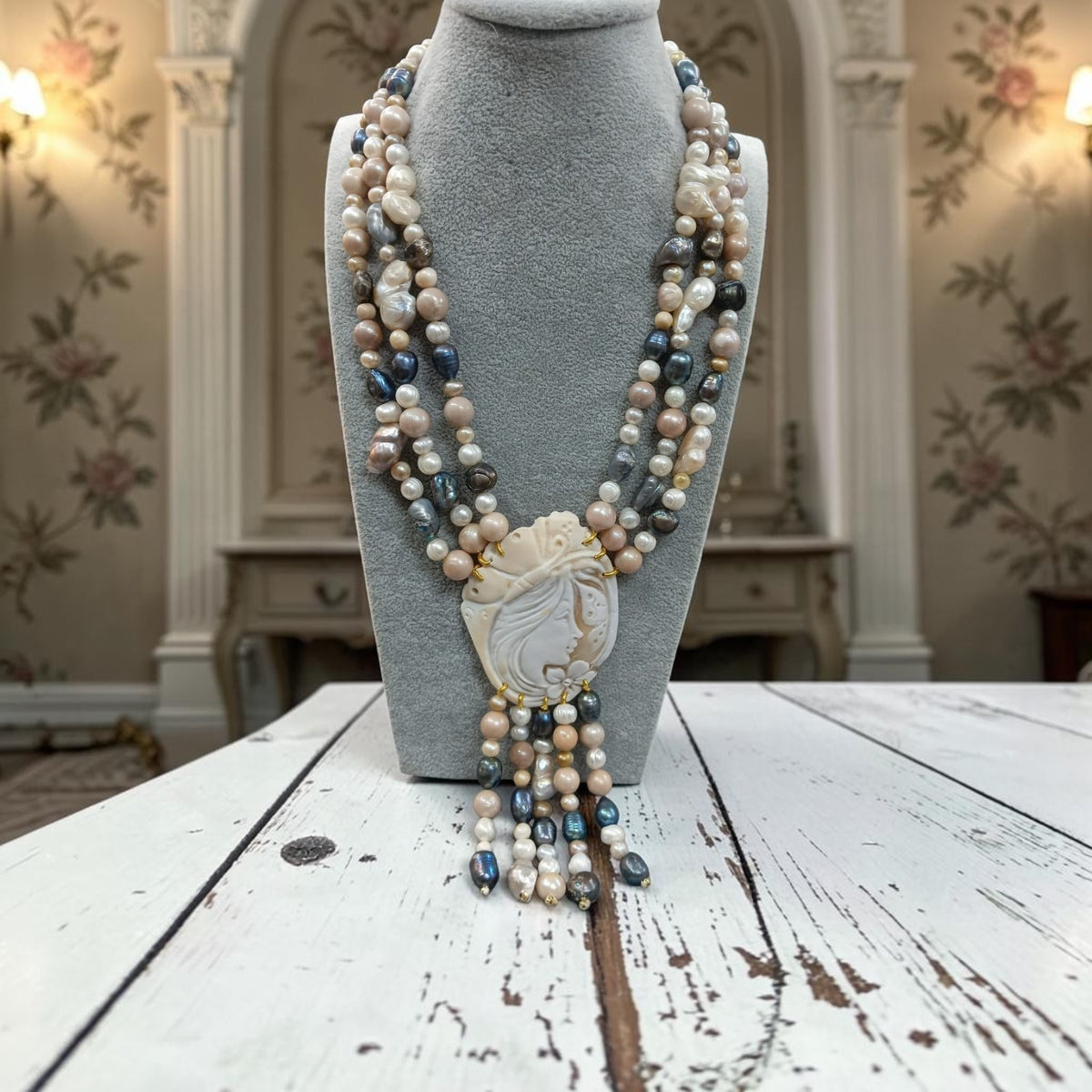 Long Necklace with Multicolor Sapphire Stones, S925 Silver and Gold