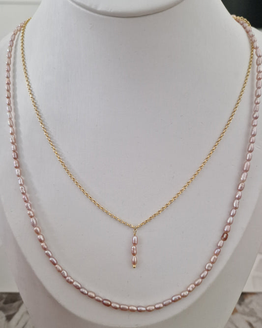 Collane Doppio Filo con Perle Chicco di Riso Rosa, in Argento s925