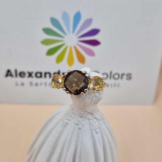 Anello Pregiato Quarzo Fumè e Citrino, Argento s925