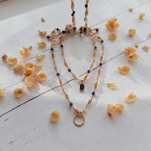 Collana Doppio Filo Stile Rosario Arancio/Blu/Beige, in Argento s925