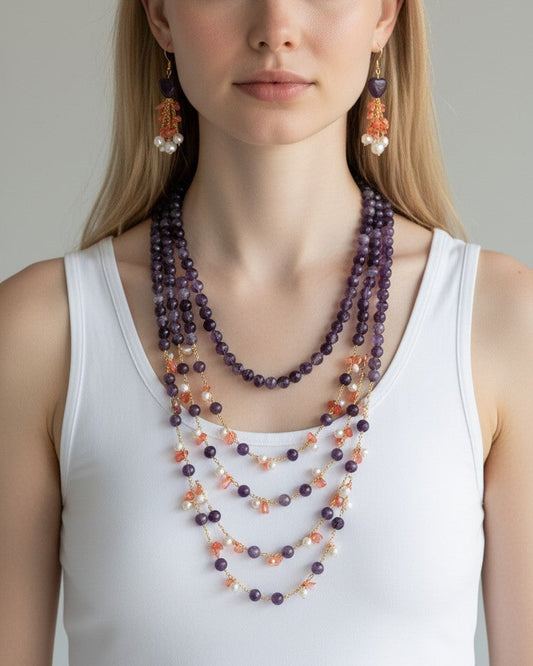 Long Necklace with Multicolor Sapphire Stones, S925 Silver and Gold