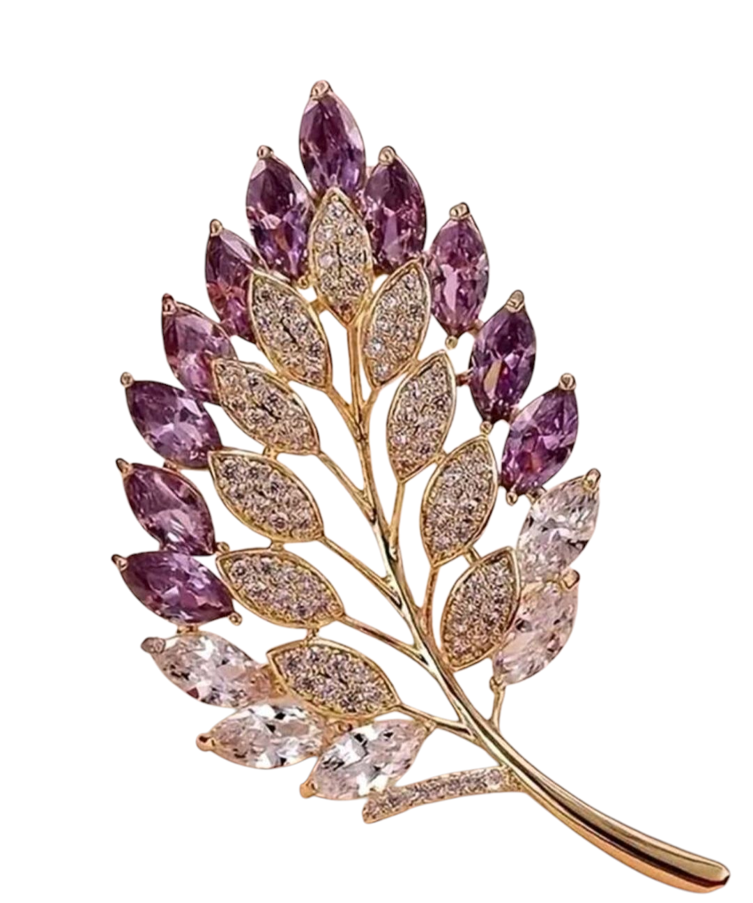 Spilla a foglia in oro con gemme viola, rosa e bianche.