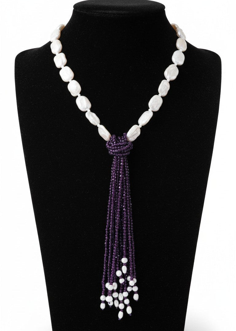 Collana Cravatta Viola e Bianca da Donna, con Perle e Pietre Naturali