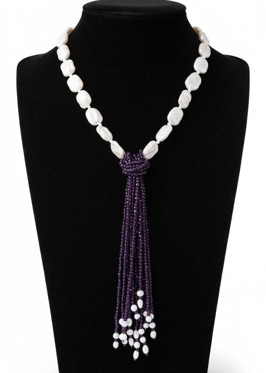 Collana Cravatta Viola e Bianca da Donna, con Perle e Pietre Naturali