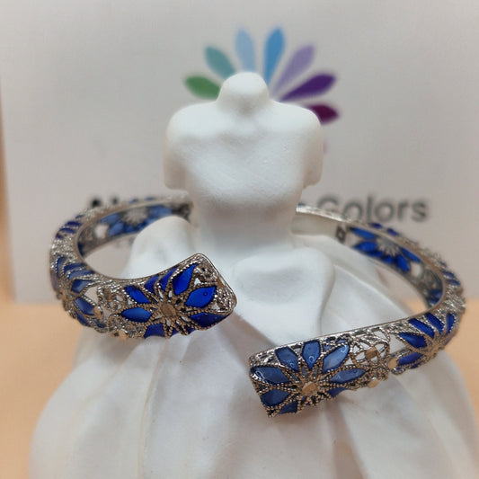Bracciale rigido contrariè, in Filigrana e Fiori Blu, Argento 925