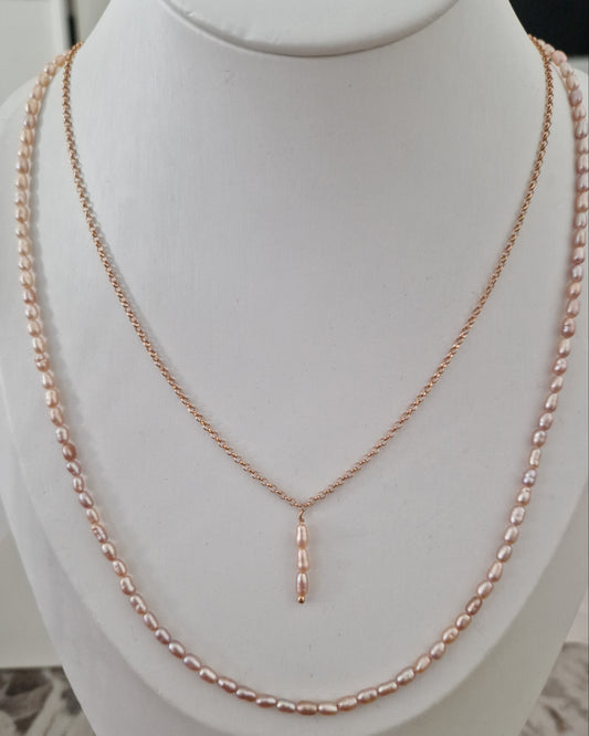 Collane Doppio Filo con Perle Chicco di Riso Salmone, in Argento s925