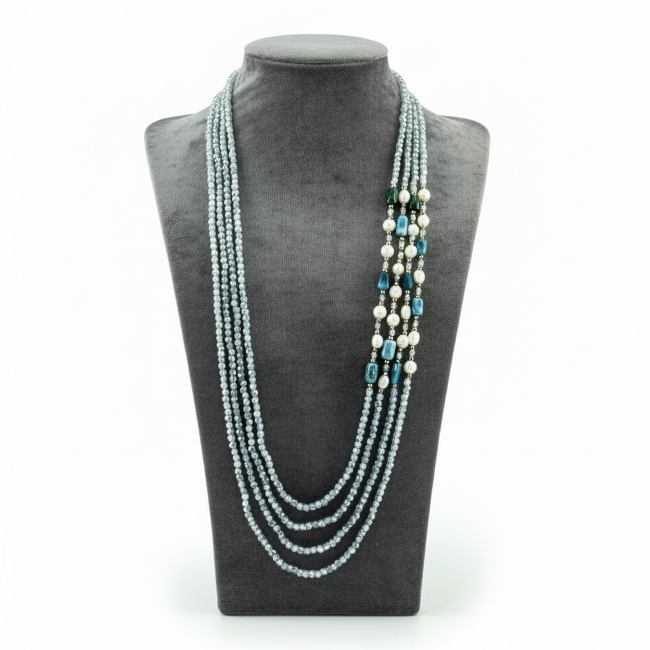 Long Necklace with Multicolor Sapphire Stones, S925 Silver and Gold