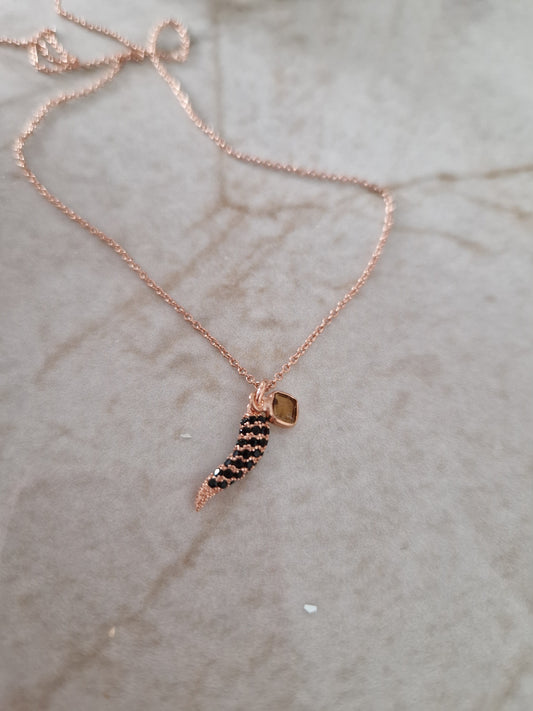 Collana con Cornetto Portafortuna Zirconi Neri, Argento s925