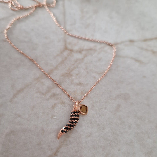 Collana con Cornetto Portafortuna Zirconi Neri, Argento s925