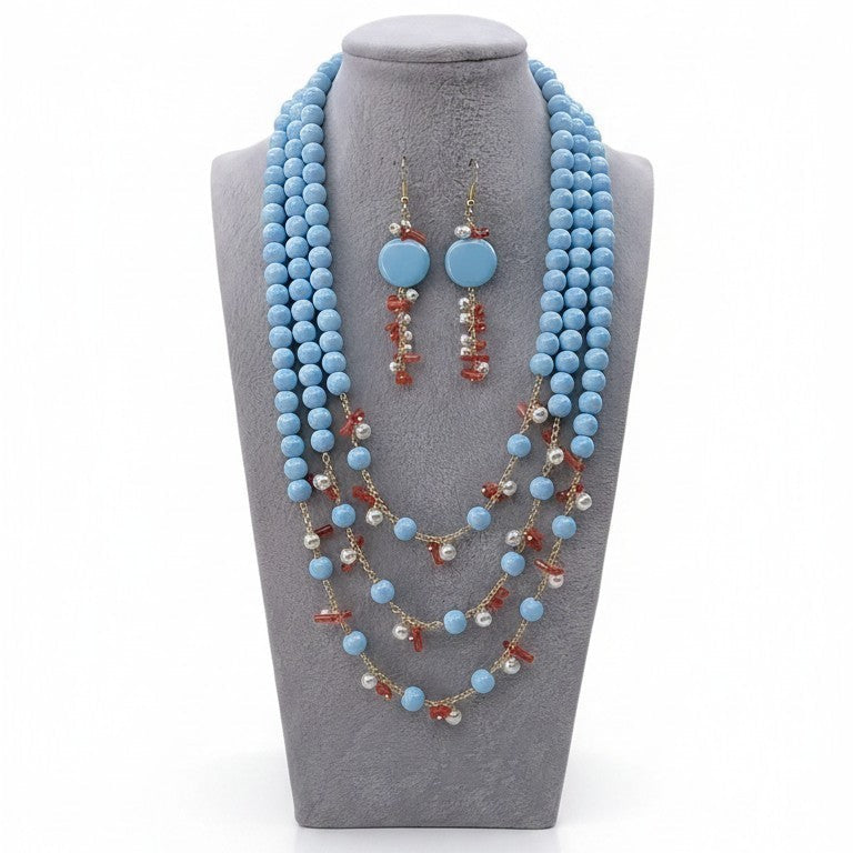 SET Collana Maxi con Pietre di Pasta di Turchese, Perle e Corallo rosso (Copy)