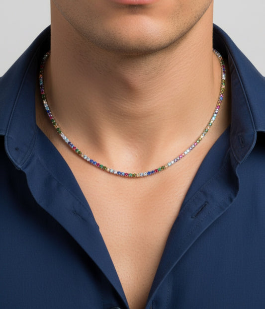 Collana Tennis Multicolor Dark, 3mm REGOLABILE, Argento 925 con Zirconi