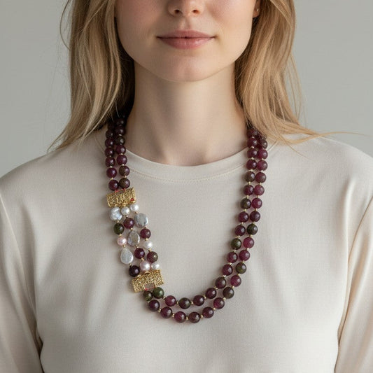 Collana Doppio filo di Quarzo e Perle Barocche