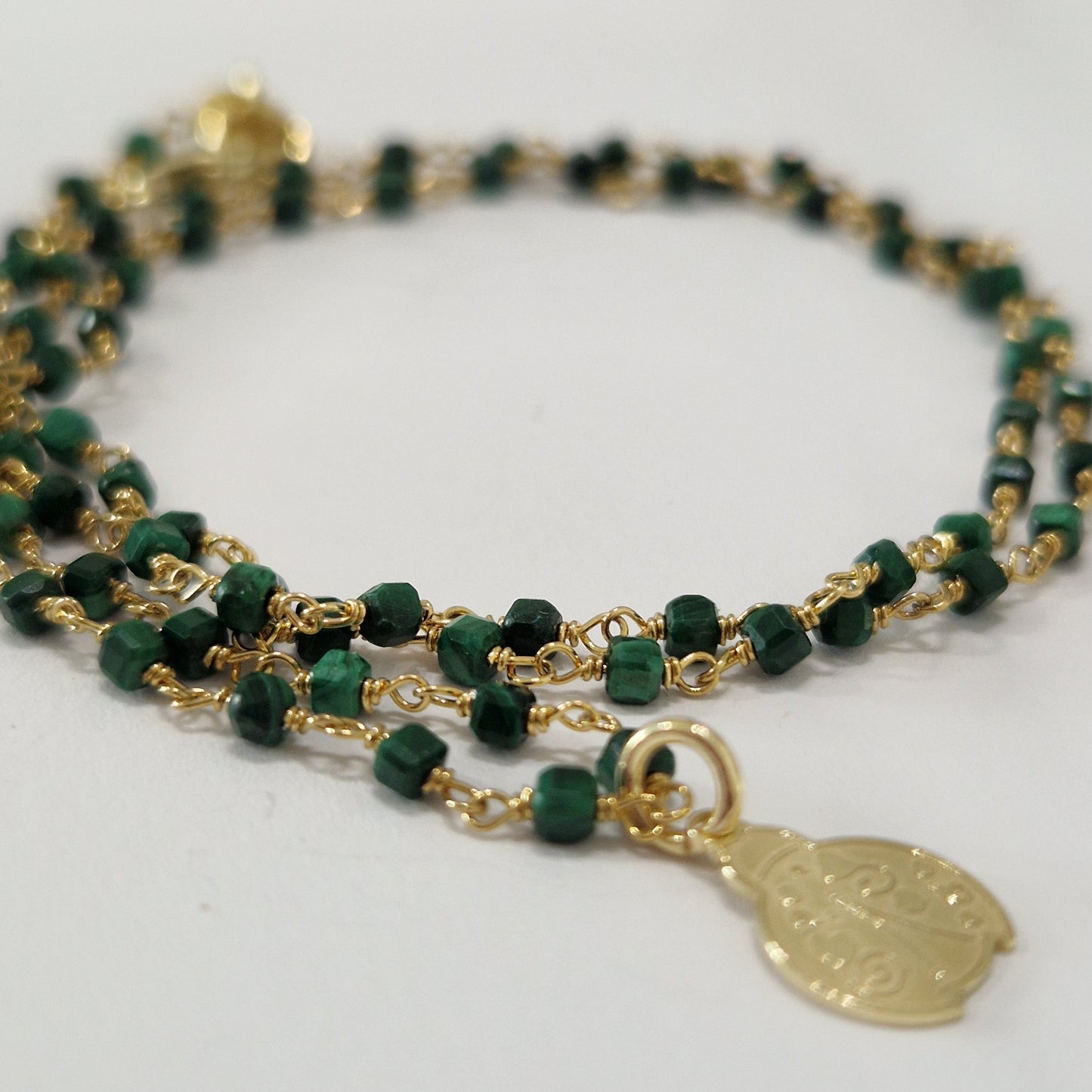 Collana Lunga Stile Rosario con Malachite, in Argento s925