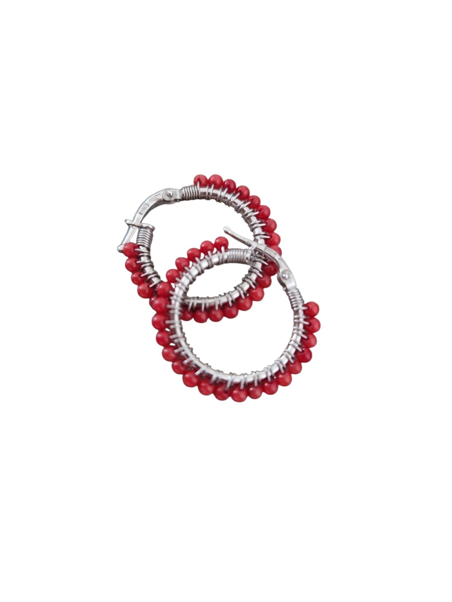 Orecchini 15mm con Perline di Corallo Rosso, in Argento s925